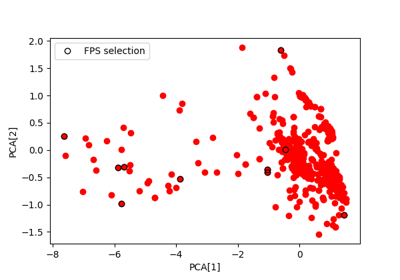 In this tutorial we generate descriptors using rascaline, then select a subset of structures using both the farthest-point sampling (FPS) and CUR algorithms implemented in scikit-matter. Finally, we also generate a selection of the most important features using the same techniques.